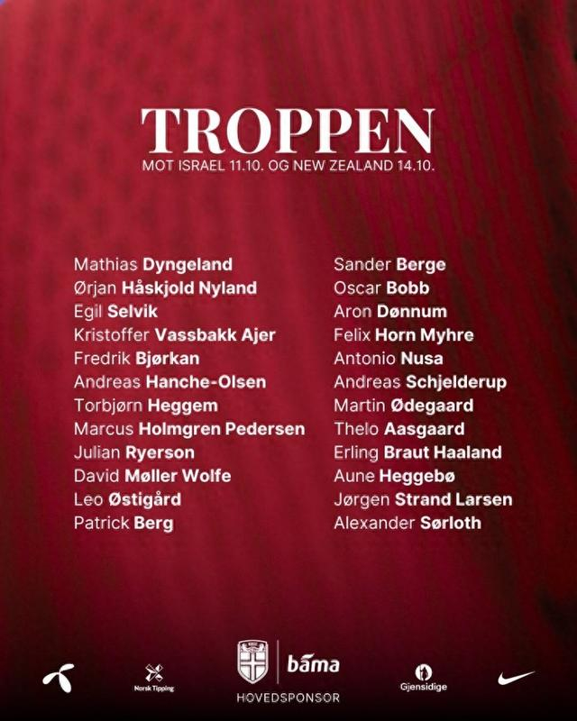 挪威国家队新大名单曝光，英超球员主导，中场核心依旧是厄德高