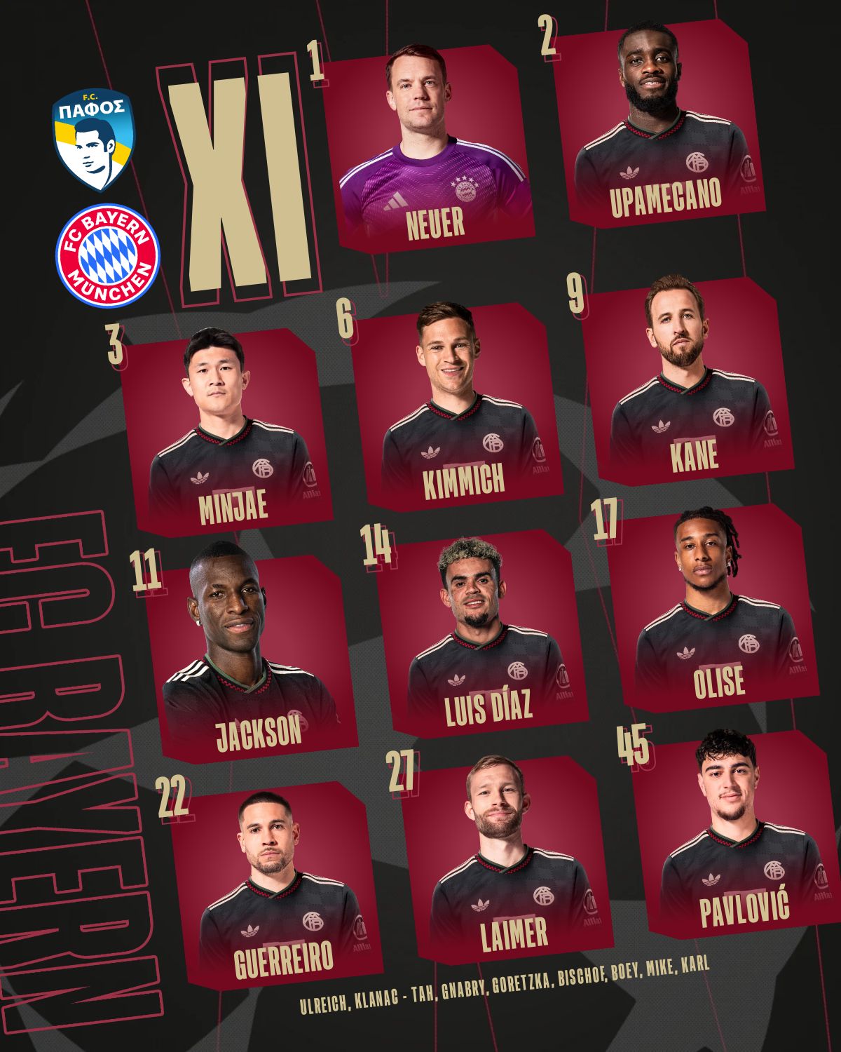 欧冠第二轮爆冷？拜仁慕尼黑硬碰帕福斯，首发阵容亮点多