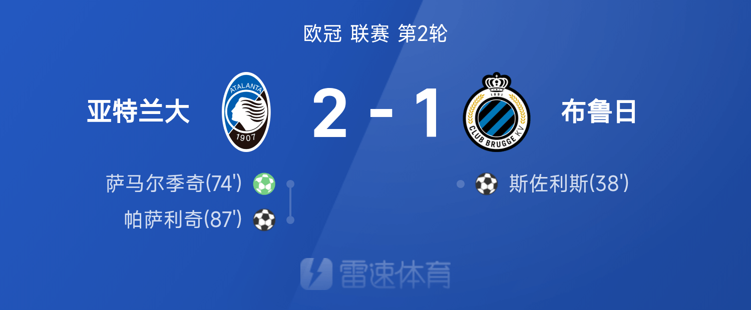 欧冠亚特兰大绝杀布鲁日，帕萨利奇一锤定音惹争议