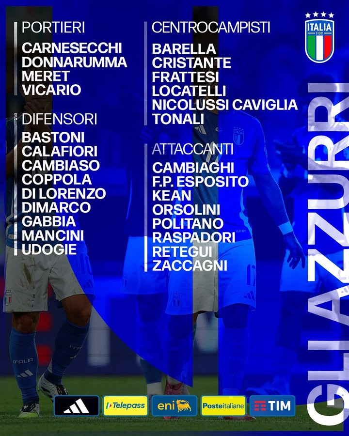 意大利国家队新名单公布，多纳鲁马领衔，卡维利亚和坎比亚吉首次入选