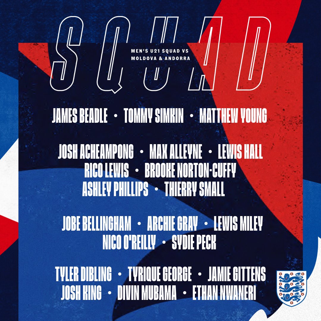 英格兰U21最新大名单出炉，豪华阵容迎战摩尔多瓦与安道尔