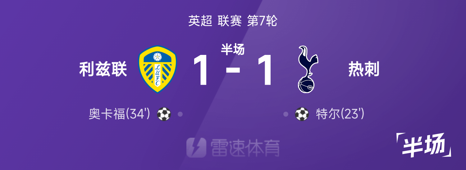 英超第7轮：利兹联1-1热刺，双方激战难分高下