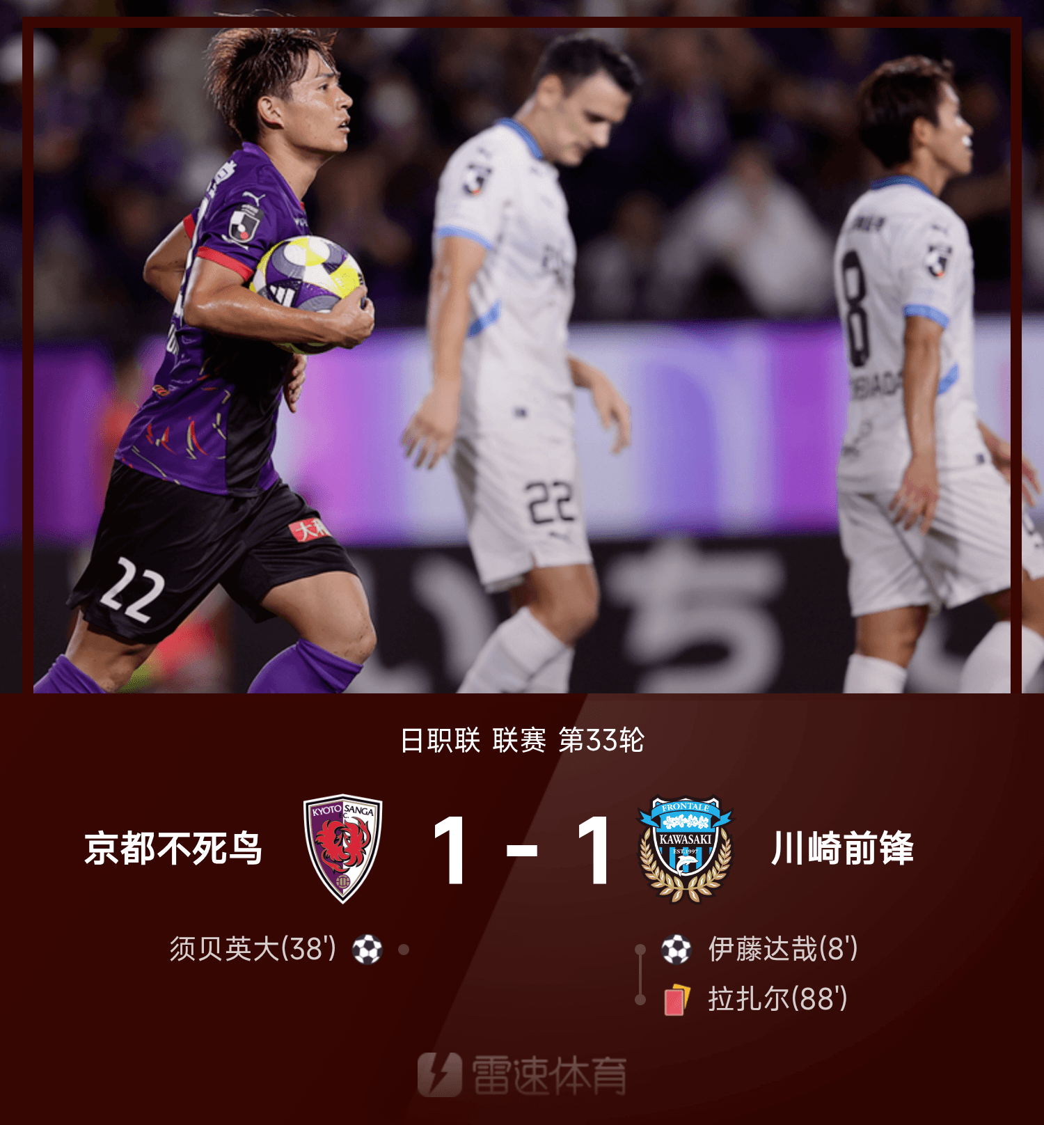 京都不死鸟与川崎前锋1-1平局，拉扎尔两黄变一红成焦点