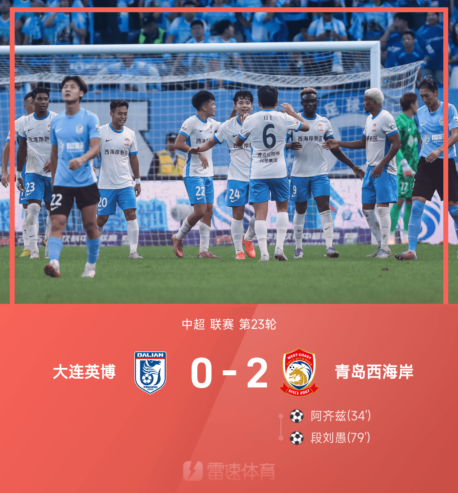 青岛西海岸2-0干净利落拿下大连英博，三连胜真香现场