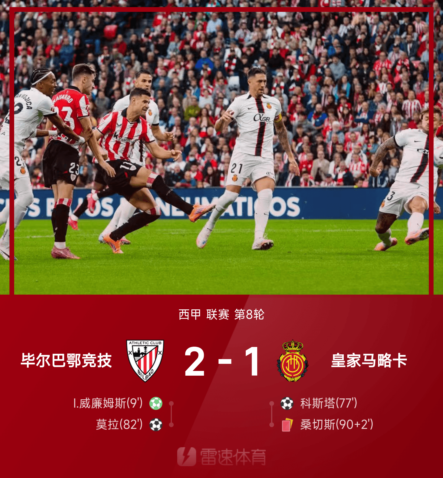 毕尔巴鄂竞技险胜皇家马略卡：伊尼亚基点射开局，桑切斯染红遭罚下