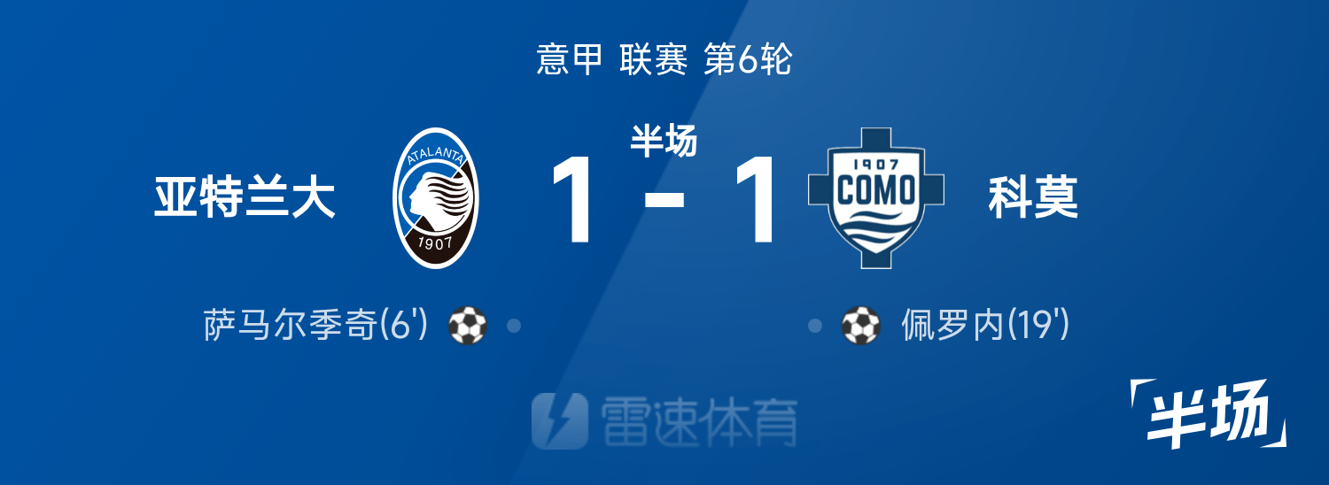 意甲6轮亚特兰大1-1科莫，神仙佩罗内吊射绝杀未遂