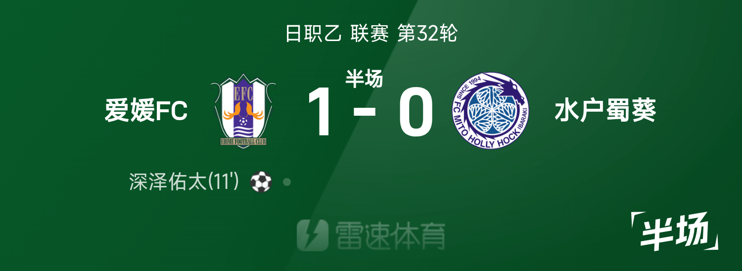 爱媛FC半场1-0领先水户蜀葵，深泽佑太首开纪录