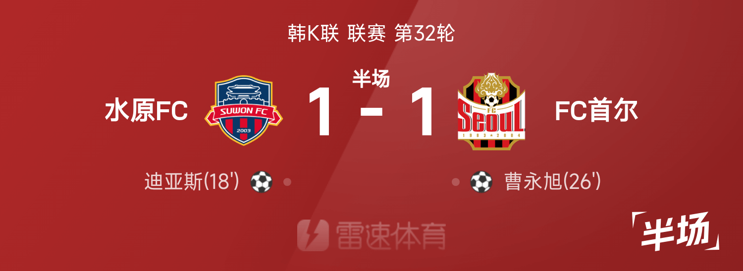 韩K联精彩对决：水原FC与FC首尔半场1-1互交白卷