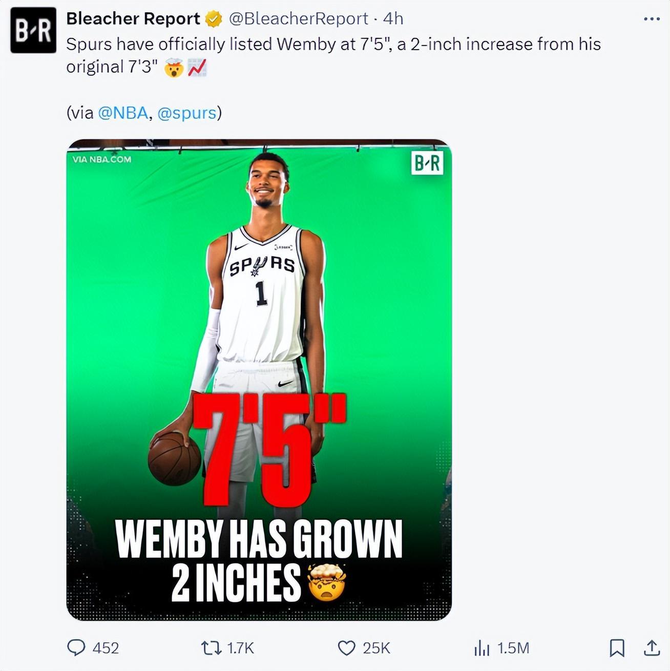 文班亚马身高飙升至7尺5，马刺这操作是发育还是数据作妖？