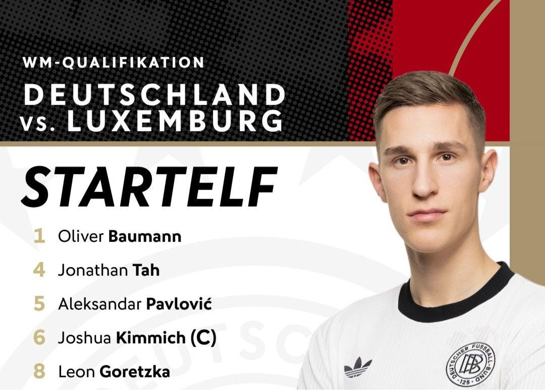 德国世欧预赛迎战卢森堡，首发阵容新鲜出炉