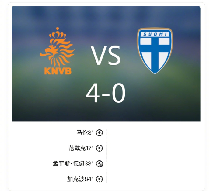 荷兰4-0芬兰：德佩加克波携手演绎攻势盛宴