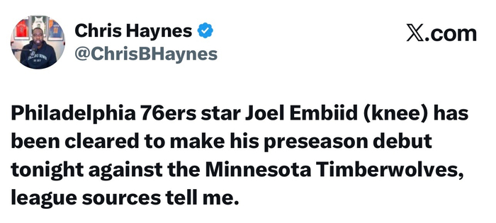 NBA｜恩比德季前赛1场首秀明天对森林狼，76人这回能顶住吗？