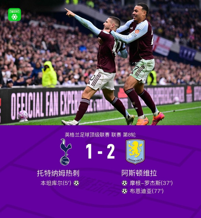 英超｜热刺主场1-2遭维拉逆转，布恩迪亚78分钟终结僵局