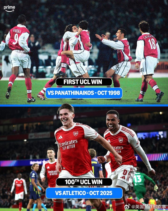 欧冠阿森纳4比0大胜马竞，迎来欧冠第100场胜利