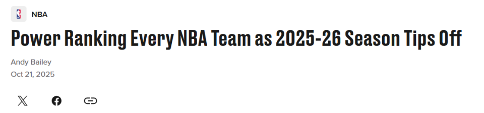 NBA最新实力榜：火箭升至第3，勇士仅排第9，湖人跌至7名