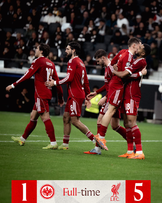 欧冠5-1震撼数据！利物浦客场5球碾压法兰克福防线