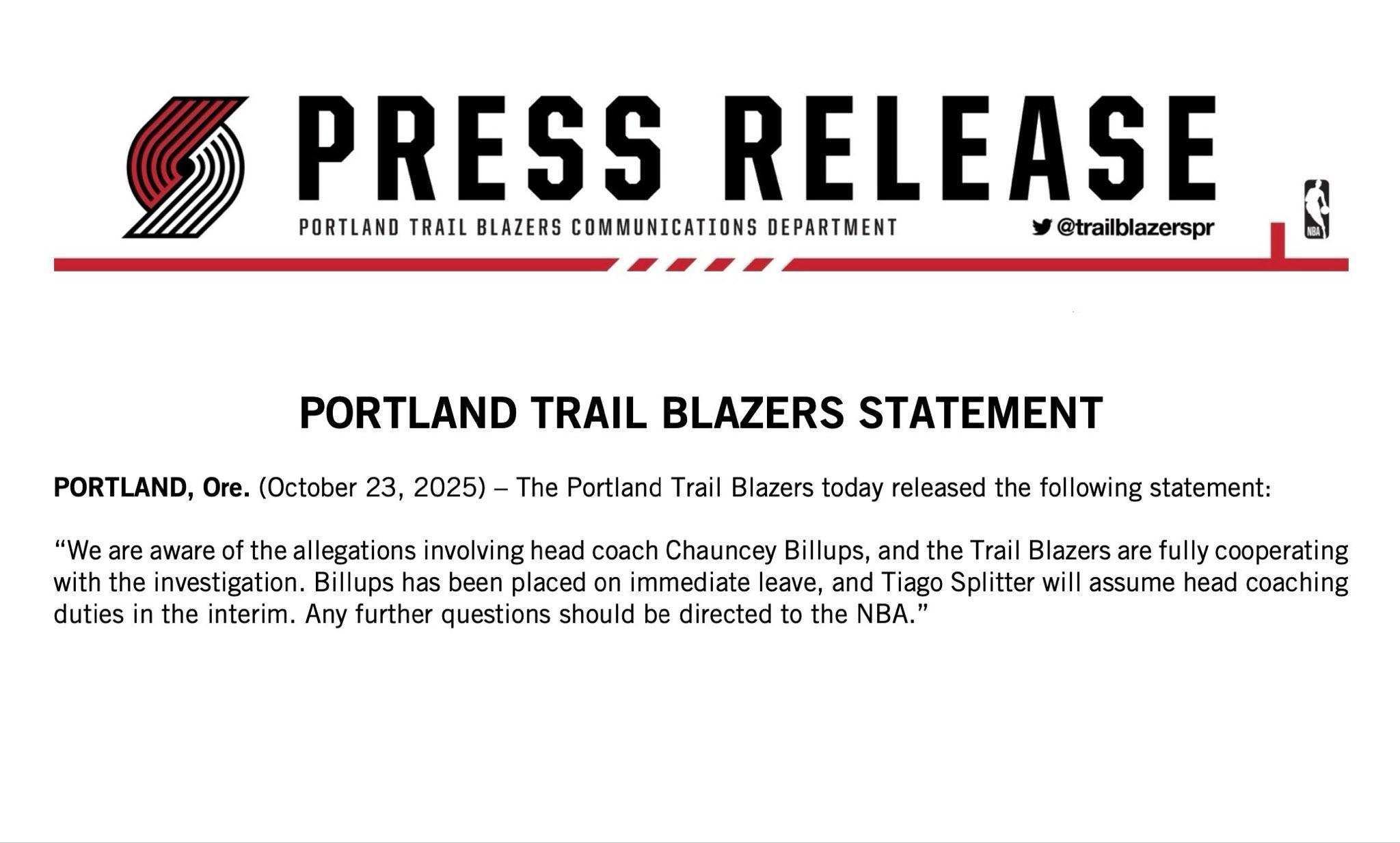 10月24日NBA震荡：波特兰开拓者主帅昌西·比卢普斯被暂停，球队陷舆论风暴
