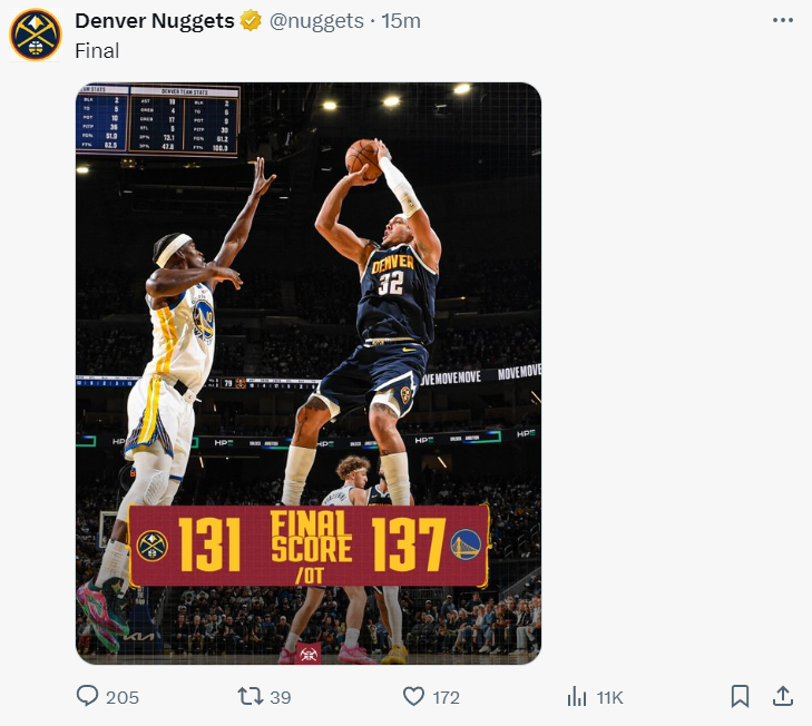 NBA：丹佛掘金队131-137惜败勇士，卡约首秀仅5分惹争议