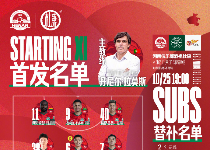 中超：11人首发出炉！河南卡多索领衔首发，浙江阵容能否压制锋线？