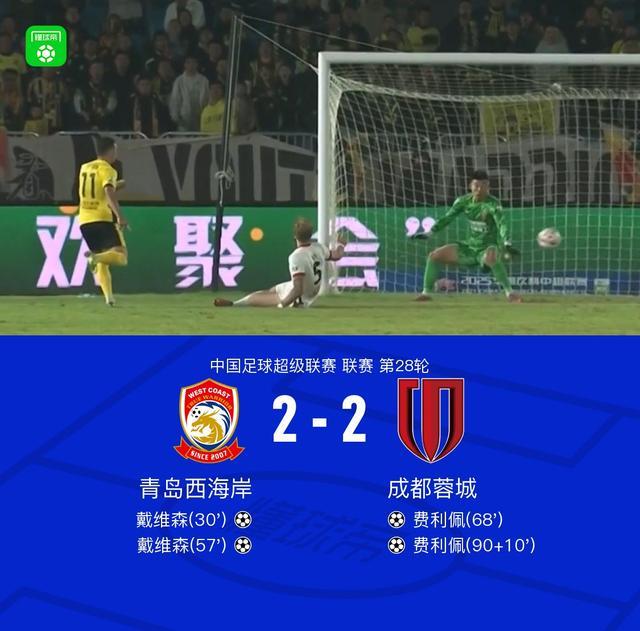 德尔加多失误两球葬送成都,阿齐兹戴维森爆发助西海岸2-2绝平