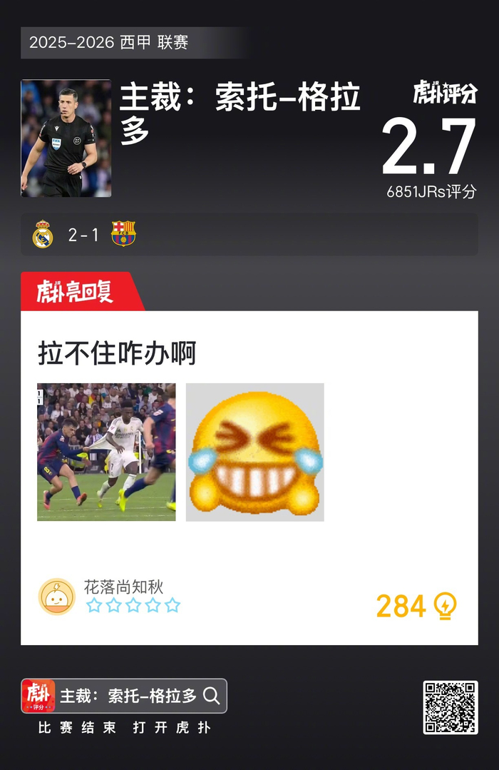 皇马2比1险胜巴塞罗那，主裁引爆争议评分仅2.7！