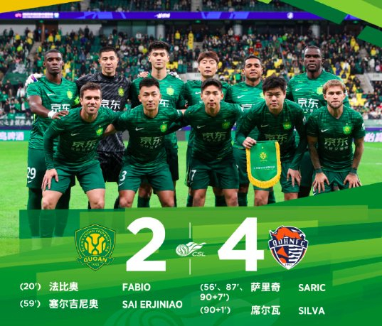 中超第28轮：北京国安补时崩盘2-4，51分却把冠军梦想丢在补时