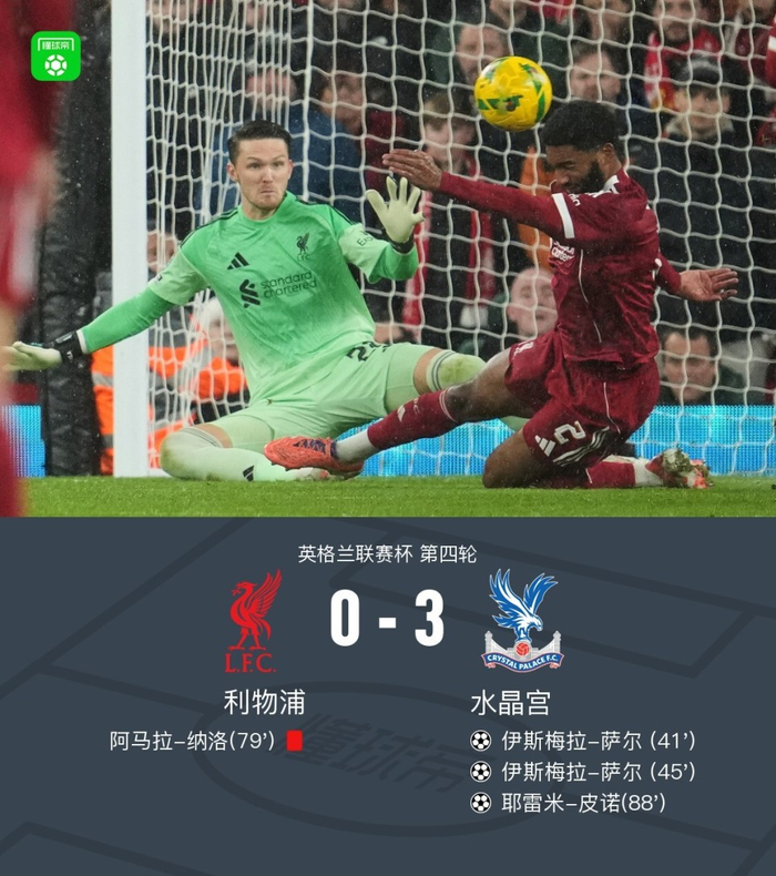英联杯0-3：水晶宫3球碾压利物浦，伊斯梅拉-萨尔双响+皮诺锁定胜局