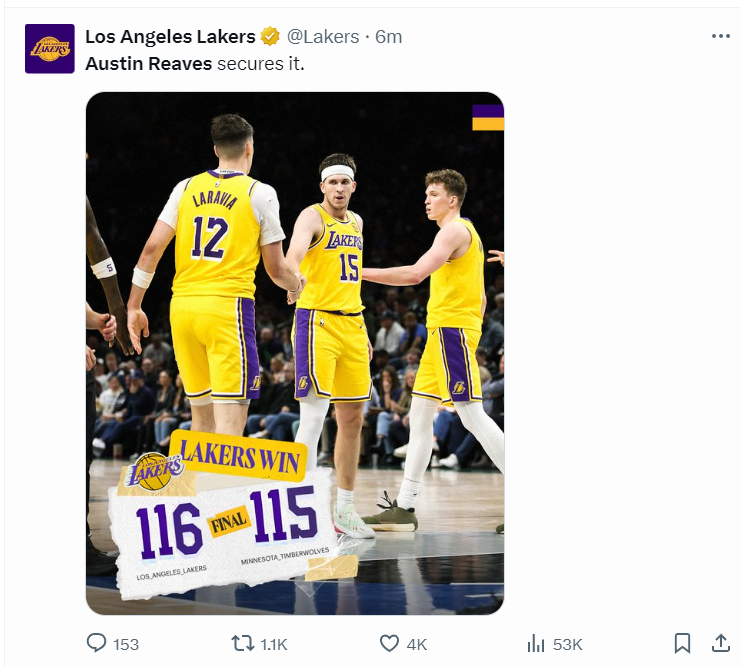 116-115绝杀！湖人先崩后救靠里夫斯一句话收场，NBA这戏演得够刺激