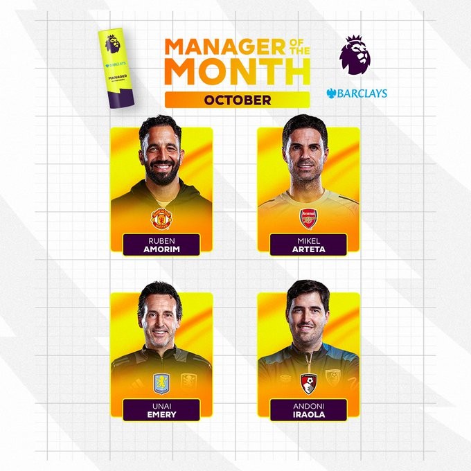 英超10月4人入围：三连胜的阿尔特塔和阿莫林，谁真值这份荣誉？