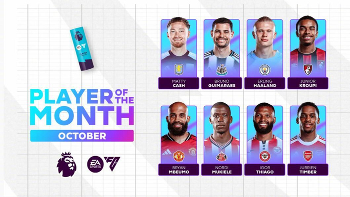 10月英超8人入围最佳：哈兰德3球，姆伯莫抢戏谁更值？