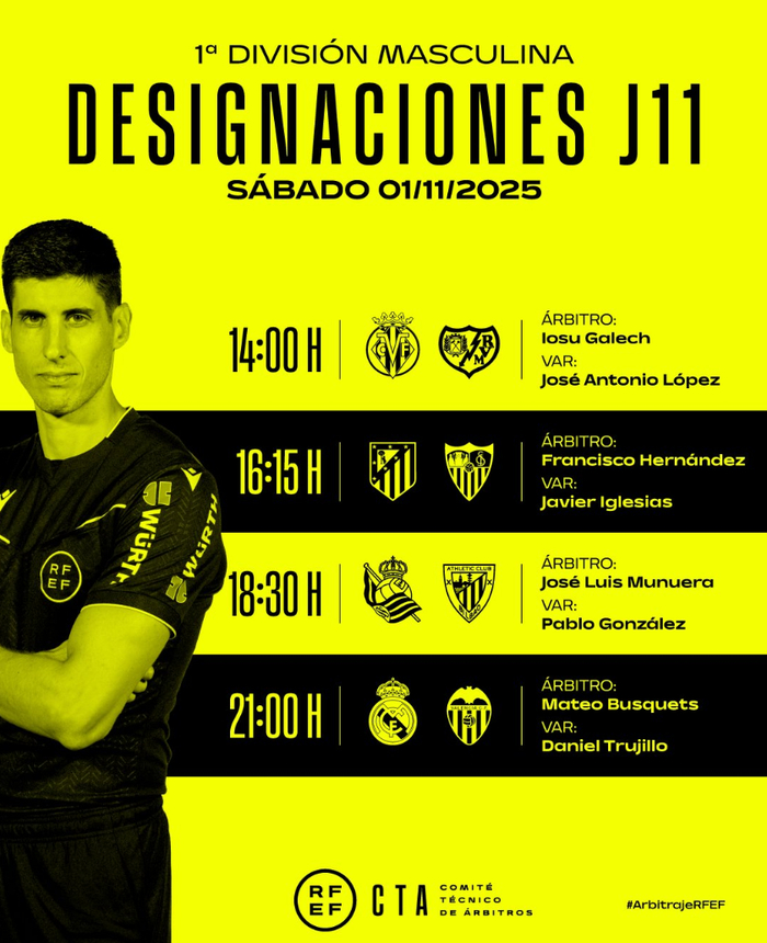 西甲第11轮裁判名单出炉：4场派谁？皇马场给了马特奥·布斯克茨！