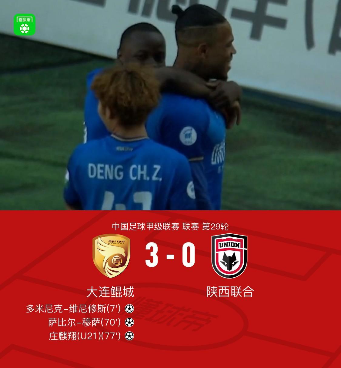 中甲第29轮：大连3-0陕西，穆谢奎+多米尼克下班早，樊津铭被迫加班