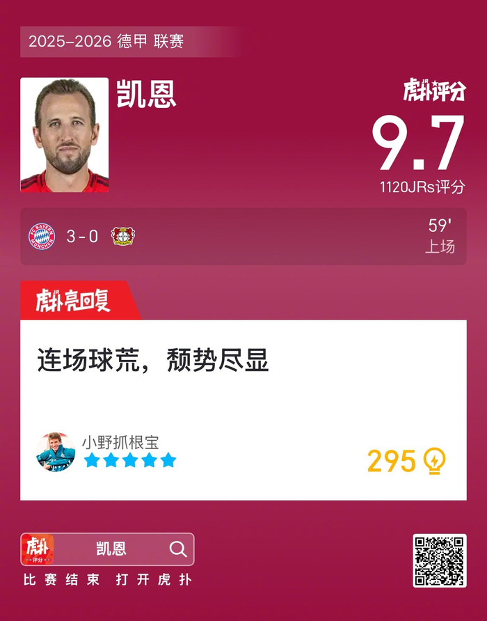 德甲3-0拜仁碾压勒沃库森，哈里·凯恩9.7评分还嫌高？
