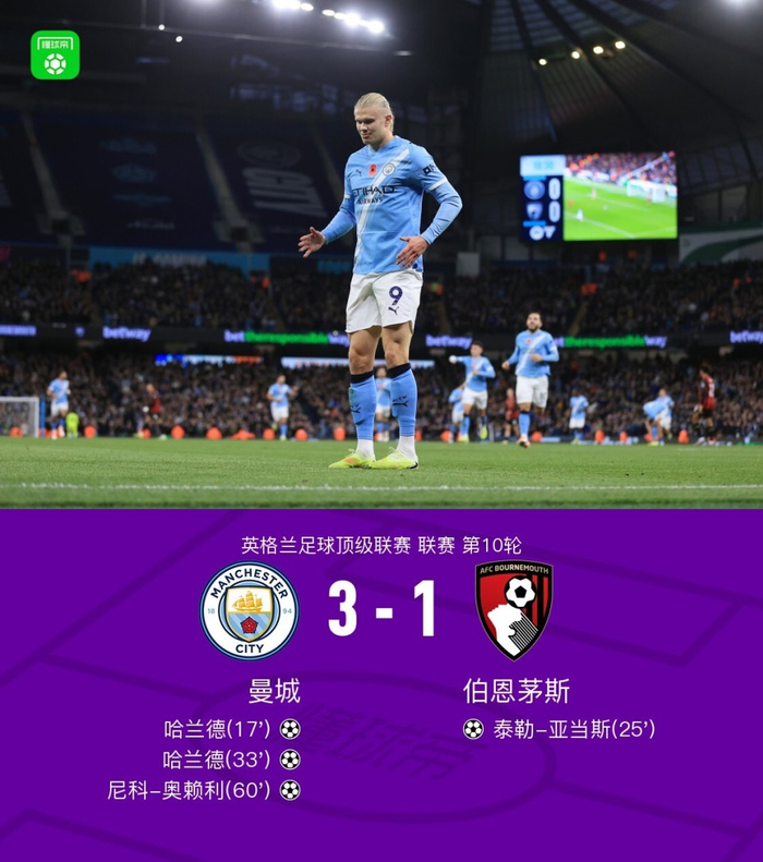 英超第10轮：曼城3-1伯恩茅斯，哈兰德梅开二度真香尬