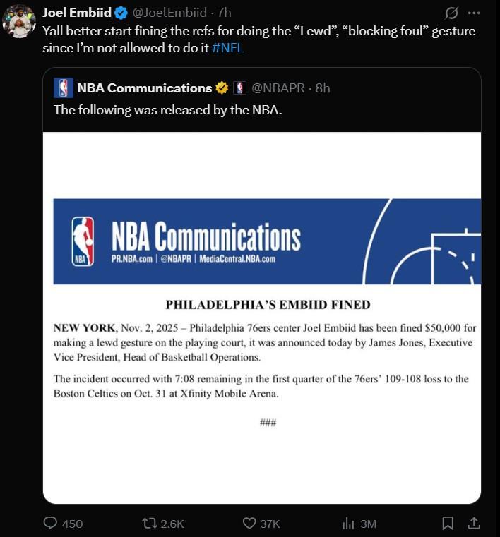 5万美元罚单惹风波：乔尔·恩比德在NBA杯1次手势搅局，引发裁判争议