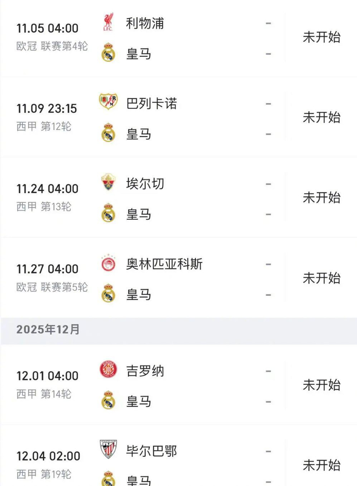 皇马6连客场行程曝光：11月5欧冠利物浦开战，西甲四轮挤成一股