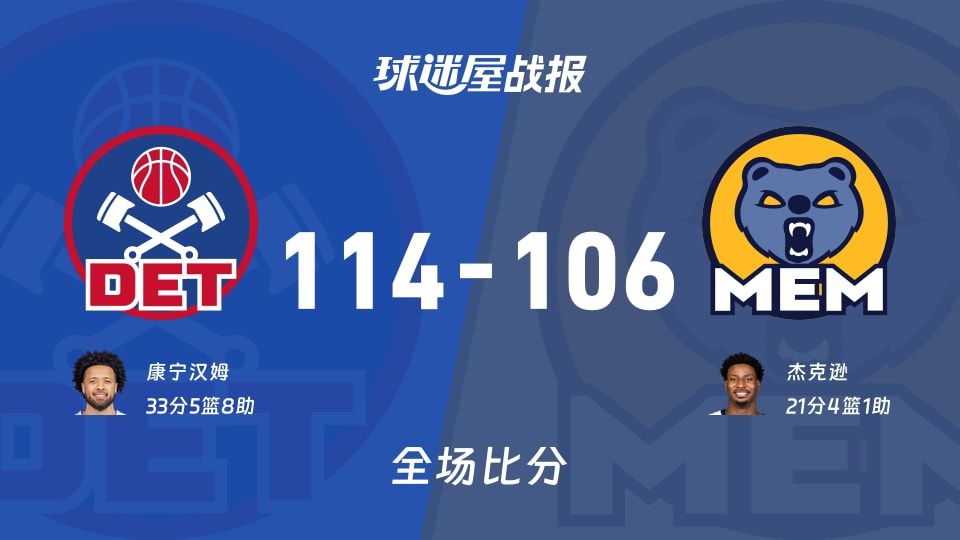 114-106活塞干翻灰熊，康宁汉姆33分把NBA当自家后院