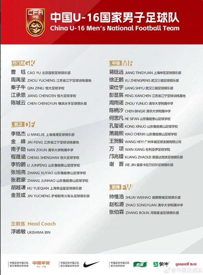 U16国家队30人名单出炉：11月6日重庆集训，英超梦别急