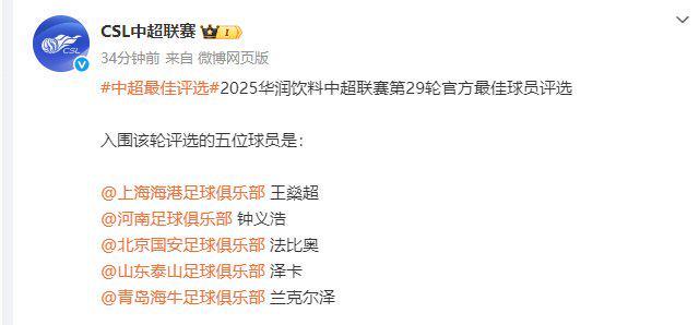 中超联赛第29轮5人候选：法比奥6射4正2进球，王燊超2射1进球谁更该领奖？