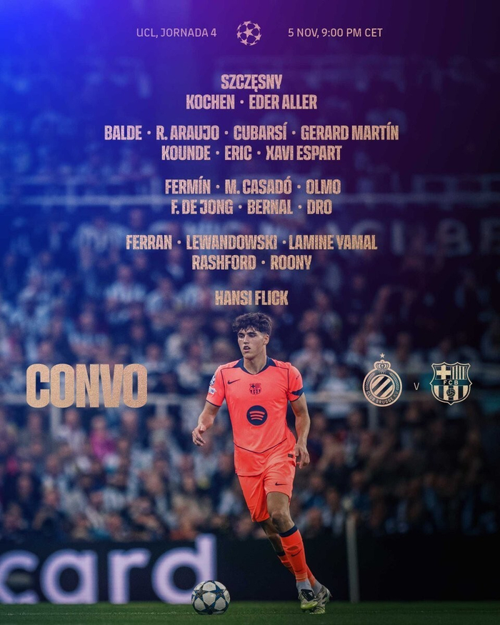 欧冠第4轮：巴塞罗那大名单公布，莱万领衔缺克里斯滕森引争议（11/6 04:00）