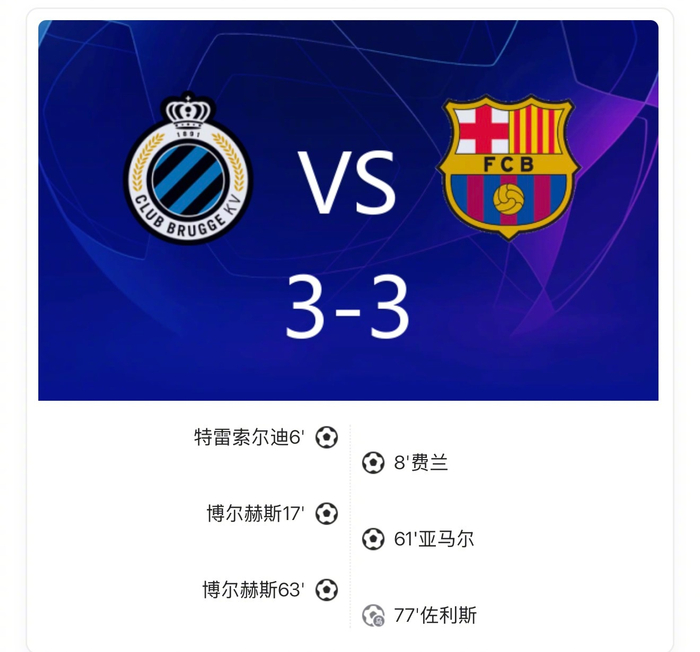欧冠3-3：布鲁日战平巴塞罗那，福布斯2射1传，费兰回敬一球