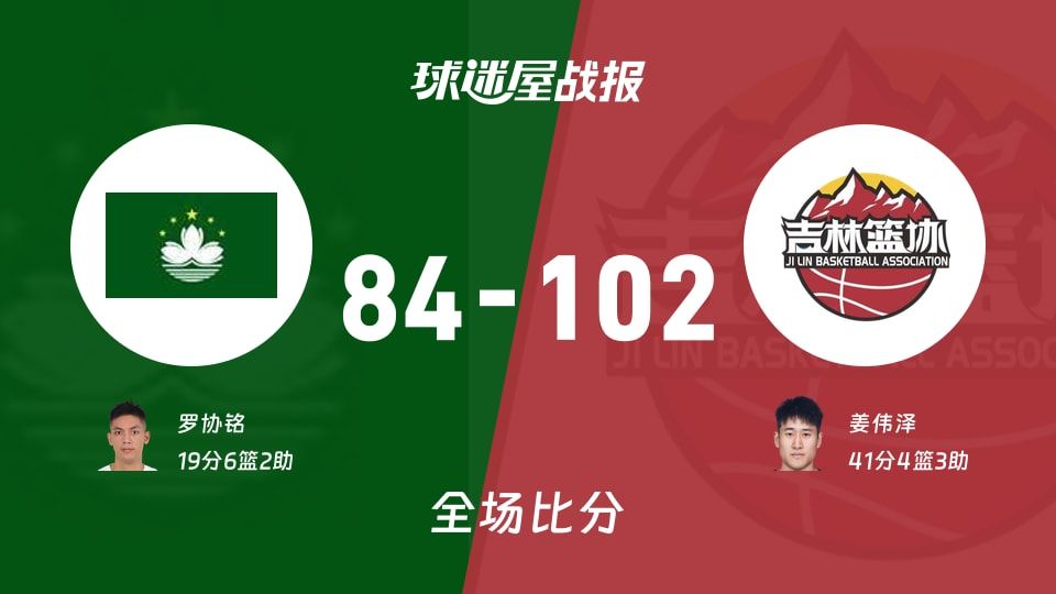 102-84终结；全运男篮中国澳门vs吉林，姜伟泽41分像NBA单核秀