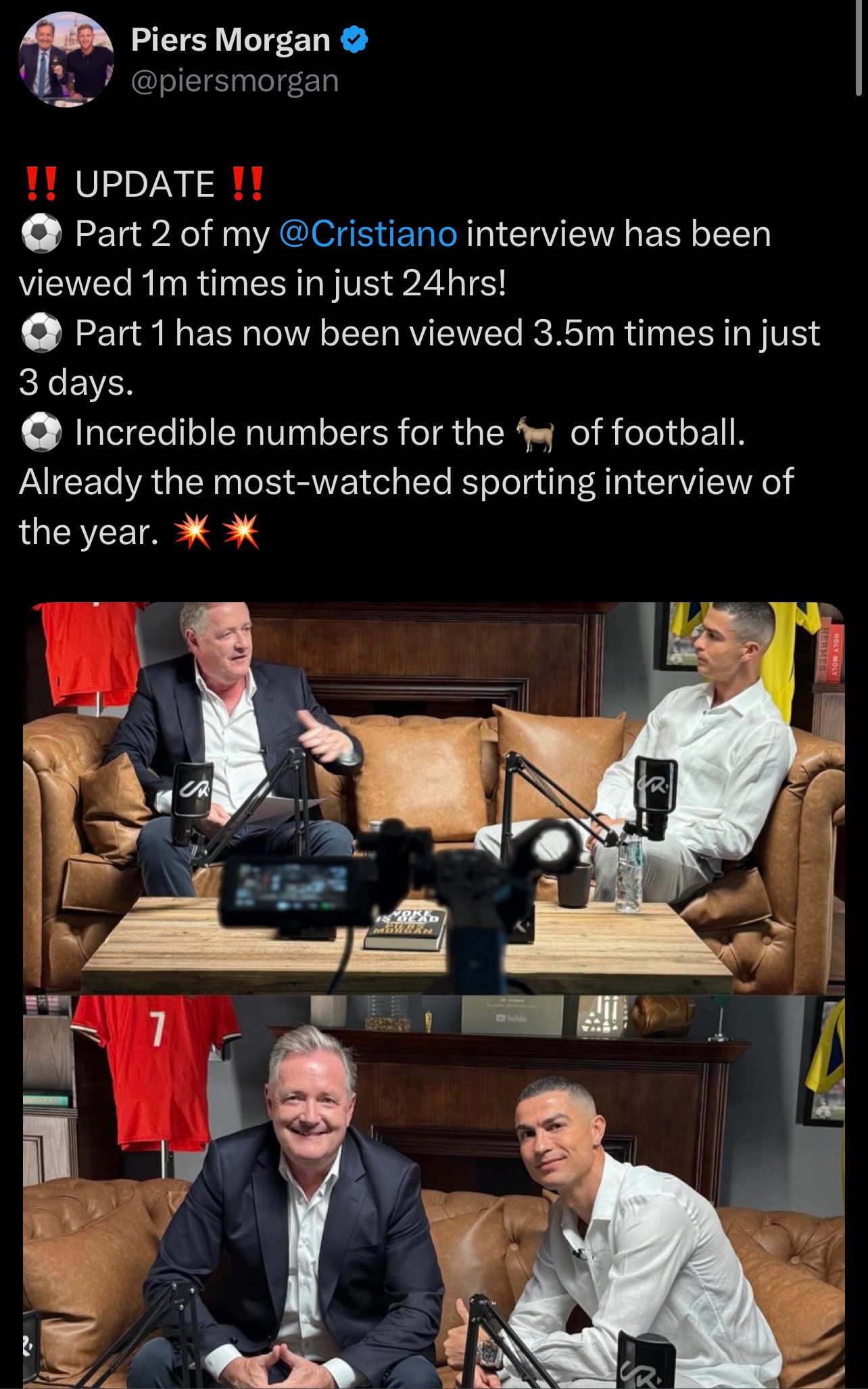 摩根专访C罗24小时破百万浏览，英超金靴还能这么狂？