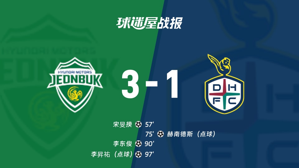 全北现代3-1逆转大田市民，韩K联这场数据比脸还长