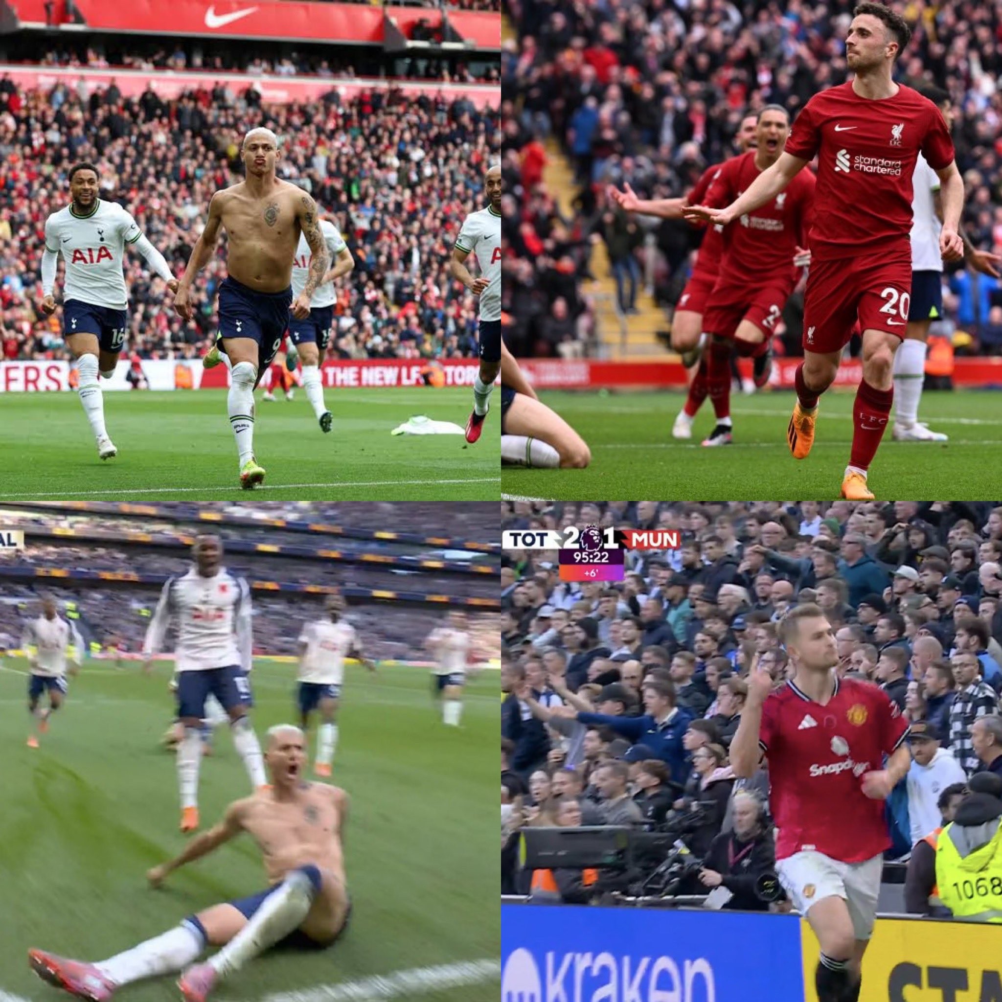 英超第11轮：托特纳姆热刺2-2曼联，91分钟里沙利松脱衣戏码把人逗哭