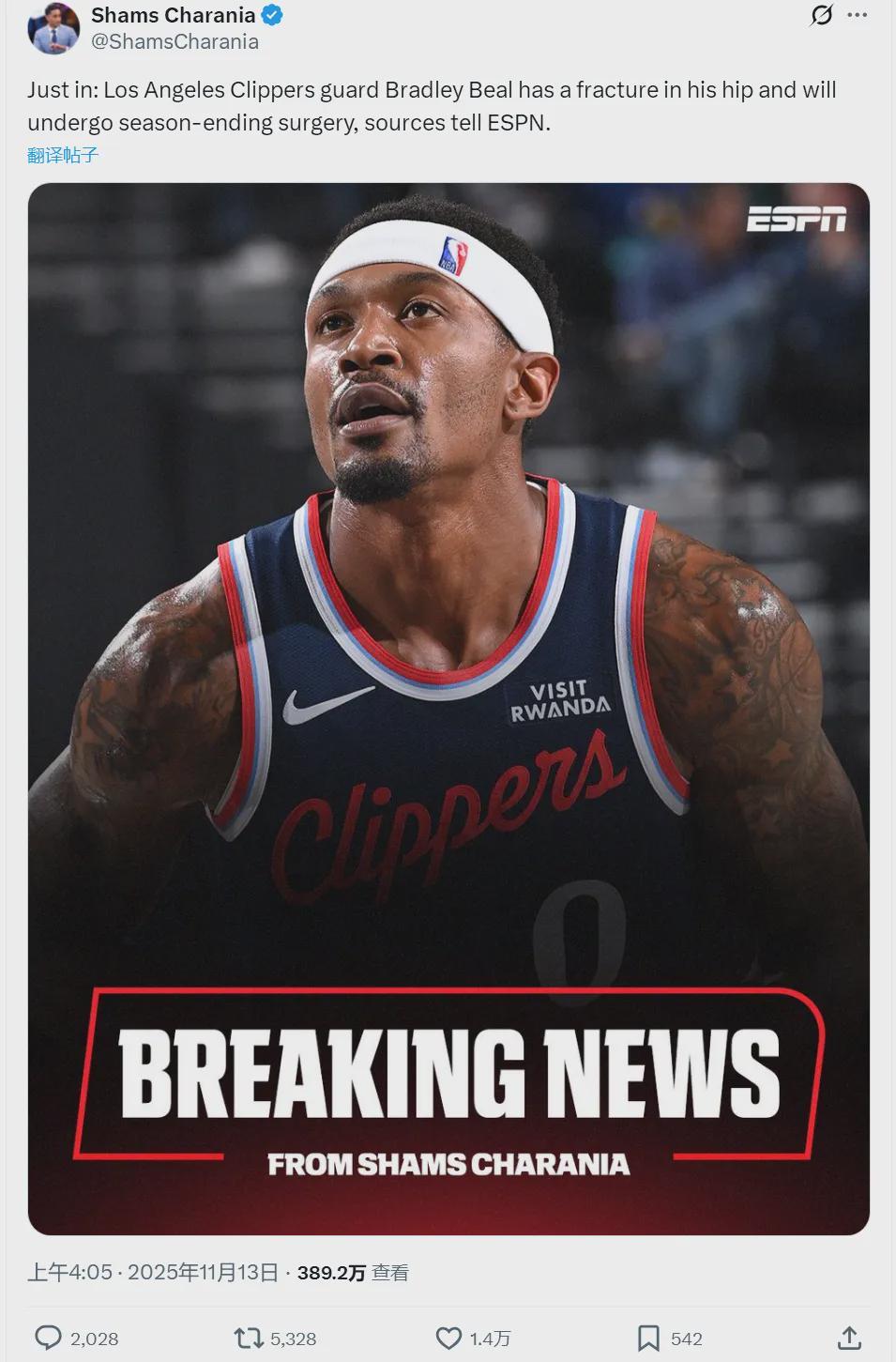 比尔髋骨骨折报销，快船3胜7负连败，保罗躺枪湖人笑了？