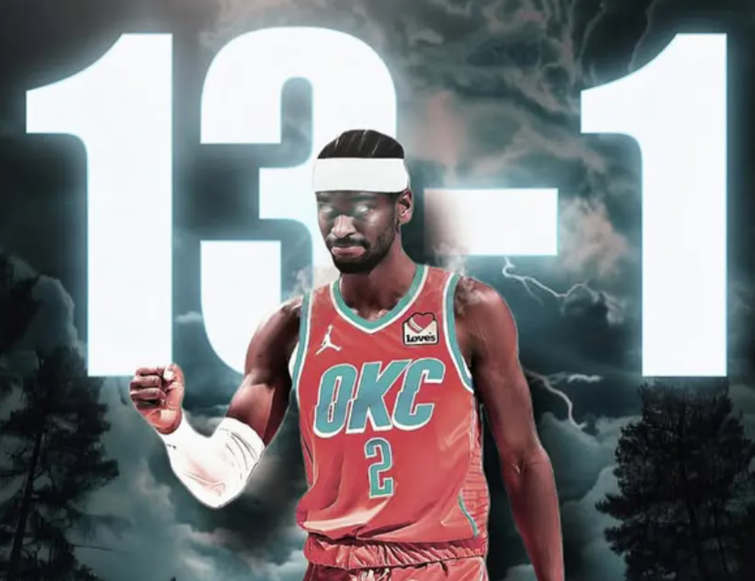 雷霆13胜1负坐稳榜首，NBA5连胜走起，勇士都得眯眼看这数据