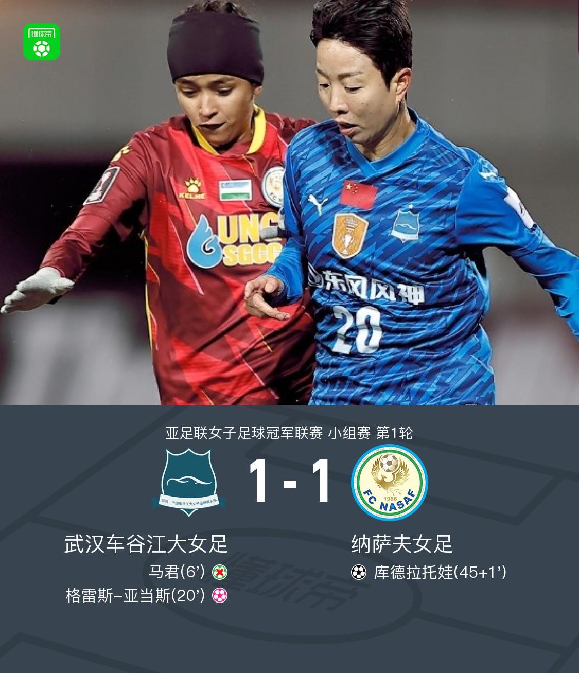 亚足联女子足球冠军联赛首轮1-1，马君点球被扑，唐涵造乌龙太戏剧化