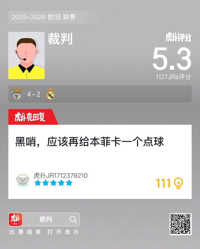 本菲卡4-2皇马，裁判争议判罚到底冤不冤？