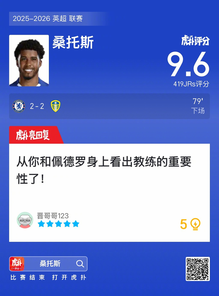 切尔西2-2战平利兹联，桑托斯赛后评分高达9.6，真是表现抢眼！